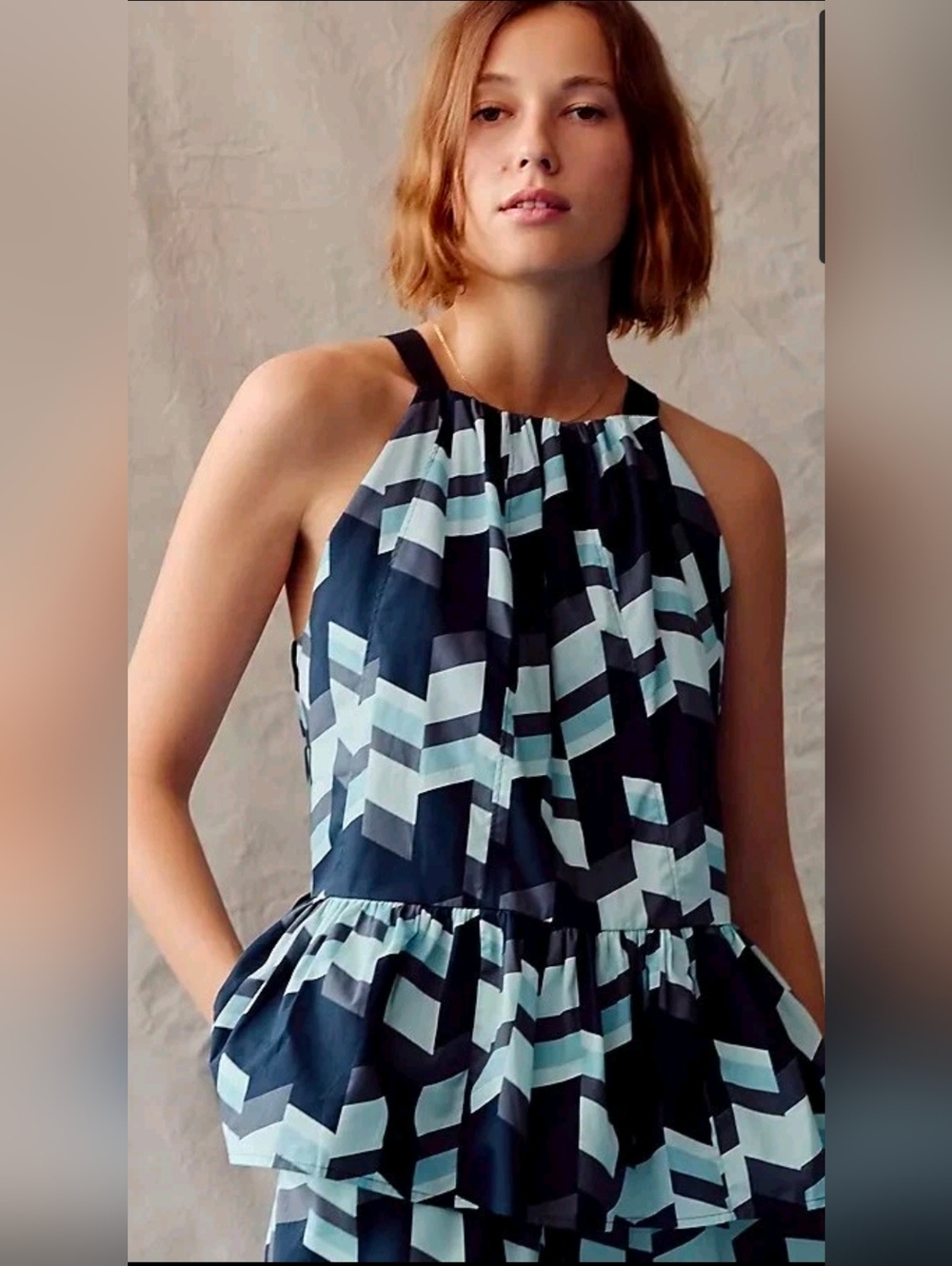 Peter Som Anthropologie Small Nikola Flounced Cami Top Blue Geometric Cotton
